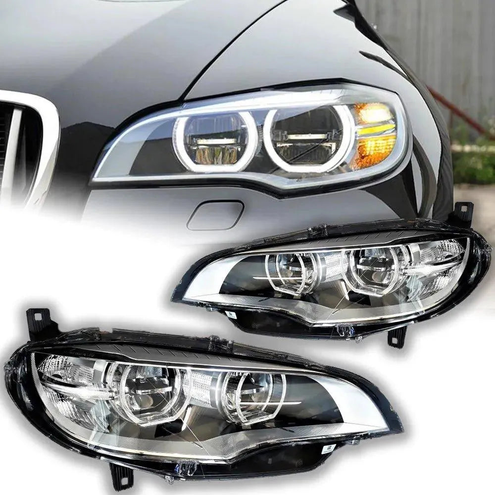 Lampy przednie do BMW X6 E71 2007 - 2013 reflektory LED projektory AngelEye, dzienne DRL i sygnał świetlny - Multigenus