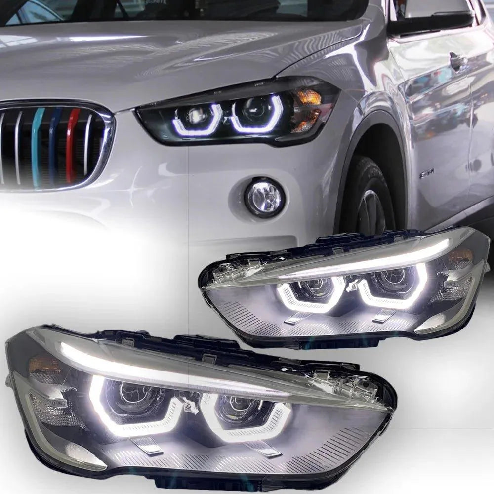 Lampy Samochodowe do BMW X1: Reflektory LED Projektor 2017-2020 F48 z Oświetleniem Dziennym DRL i Okrągłym Oświetleniem Angel Eye - Multigenus