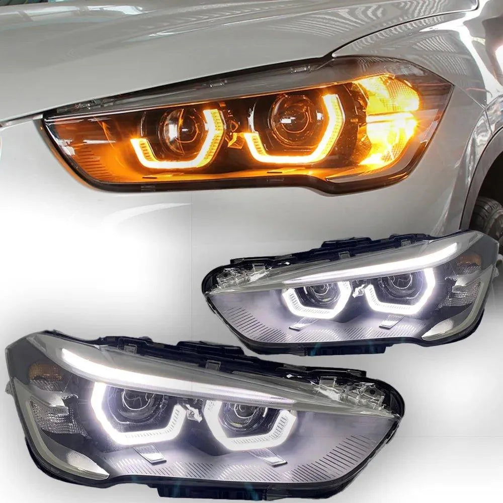 Lampy Samochodowe do BMW X1: Reflektory LED Projektor 2017-2020 F48 z Oświetleniem Dziennym DRL i Okrągłym Oświetleniem Angel Eye - Multigenus