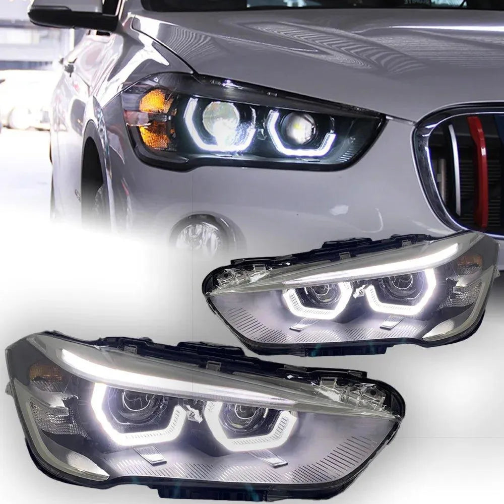 Lampy Samochodowe do BMW X1: Reflektory LED Projektor 2017-2020 F48 z Oświetleniem Dziennym DRL i Okrągłym Oświetleniem Angel Eye - Multigenus