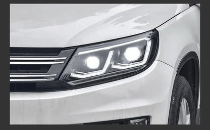 Lampy samochodowe do VW Tiguan (2013-2016) - Reflektory LED z soczewką projekcyjną, dzienne DRL, Oczkiem Anielskim (Angel Eye) i sygnałem - Multigenus