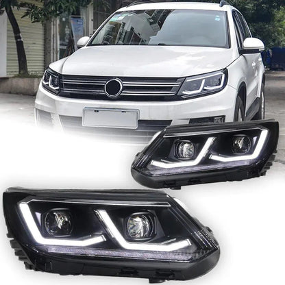 Lampy samochodowe do VW Tiguan (2013-2016) - Reflektory LED z soczewką projekcyjną, dzienne DRL, Oczkiem Anielskim (Angel Eye) i sygnałem - Multigenus