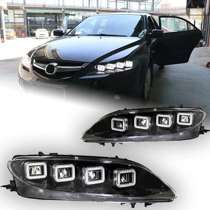 Lampy Przednie do Mazda 6 LED z Projektorową Soczewką, DRL, Dynamicznym Sygnałem i Angel Eye (2003-2012) - Multigenus